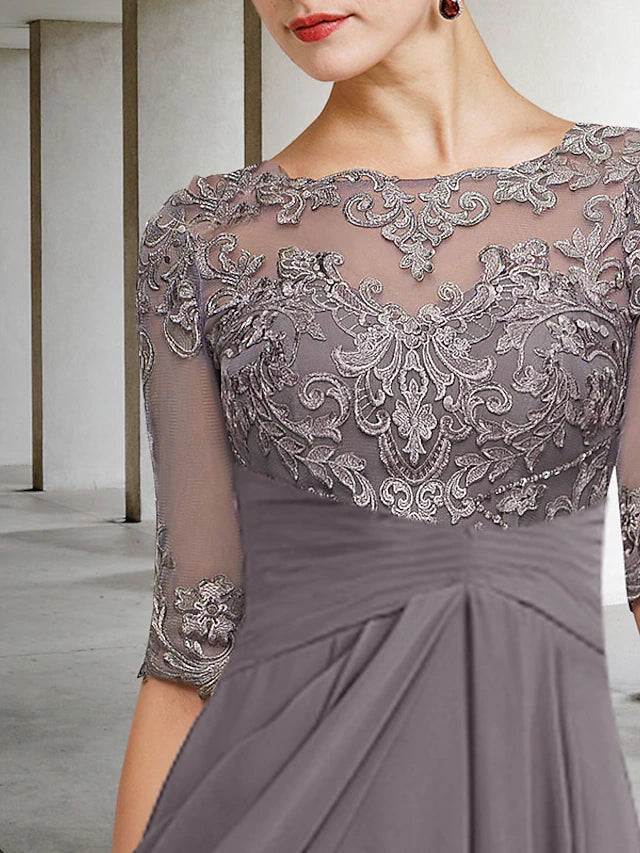 A-Linien-Kleid für die Brautmutter, Übergröße, elegant, hoher und niedriger V-Ausschnitt, asymmetrisch, knöchellang, Chiffon, Spitze, halbe Ärmel mit Perlenapplikationen
